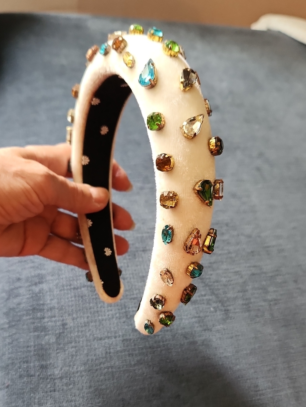 Lele Sadoughi Embellished White Padded Velvet Headband with Multicolor Gems